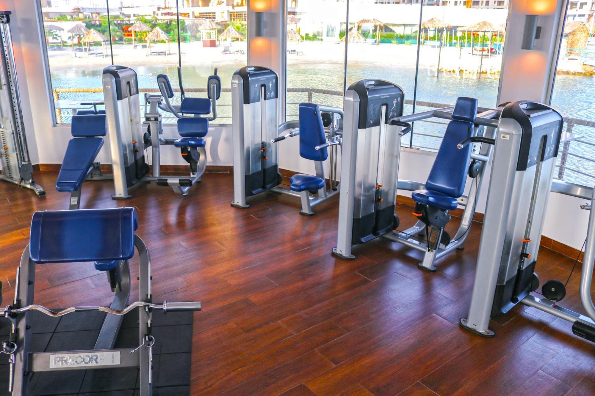 Lagoona Beach Luxury Resort And Spa Manama Exteriör bild The photo shows a gym or fitness center with several pieces of exercise equipment. There are multiple machines designed for strength training, including seated machines with padded seats and backrests. The equipment appears to have a modern design an